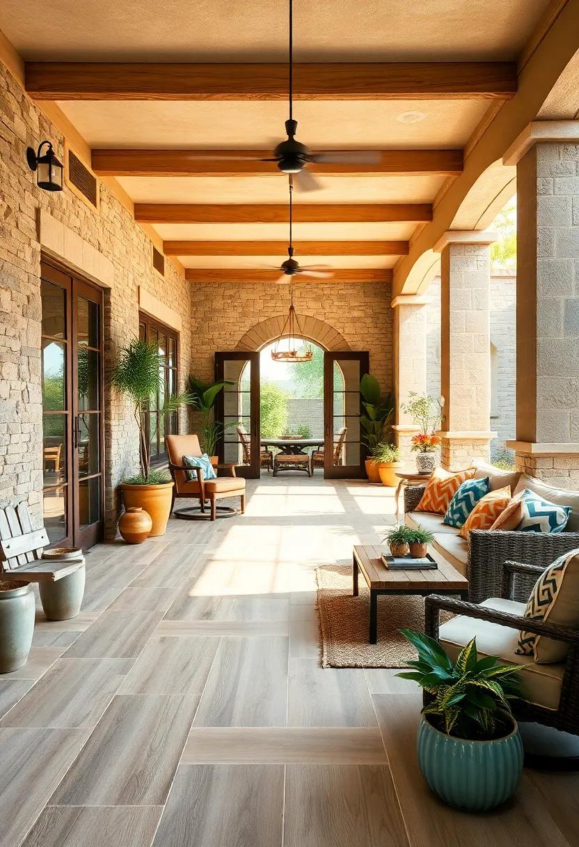 Rustic Charm With Reclaimed Wood Effect Tiles In Natural Earthy Hues On A Spacious Patio