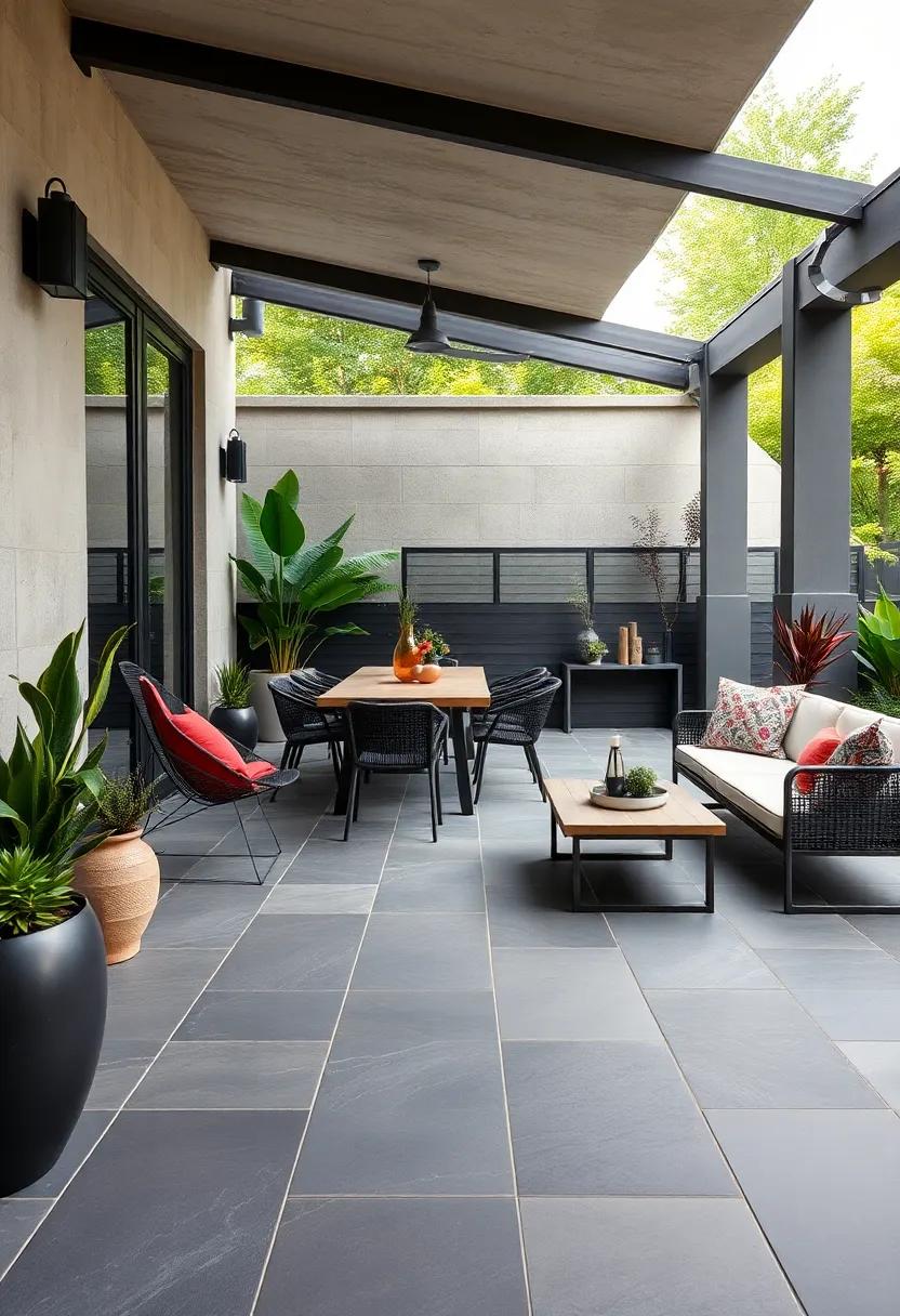 Smooth Slate Tiles In Deep Charcoal Shades Enhancing A Sophisticated Modern Outdoor Dining Area