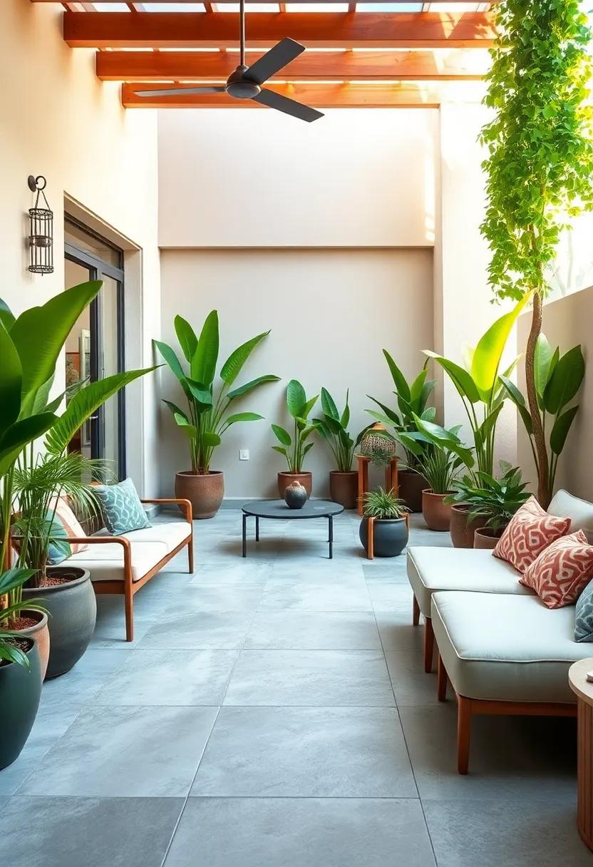 Soft Gray Concrete Look Tiles Combined With Bright Green Outdoor Plants For Contemporary Urban Charm