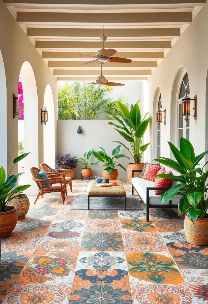 Sun-Kissed Tropical Vibes With Colorful Cement Tiles Blending Bold Prints And Lush Greenery