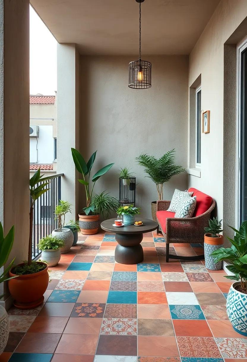 Vibrant Patchwork Tiles Mixing Diverse Patterns And Hues Bringing An Eclectic Touch To A Small Balcony