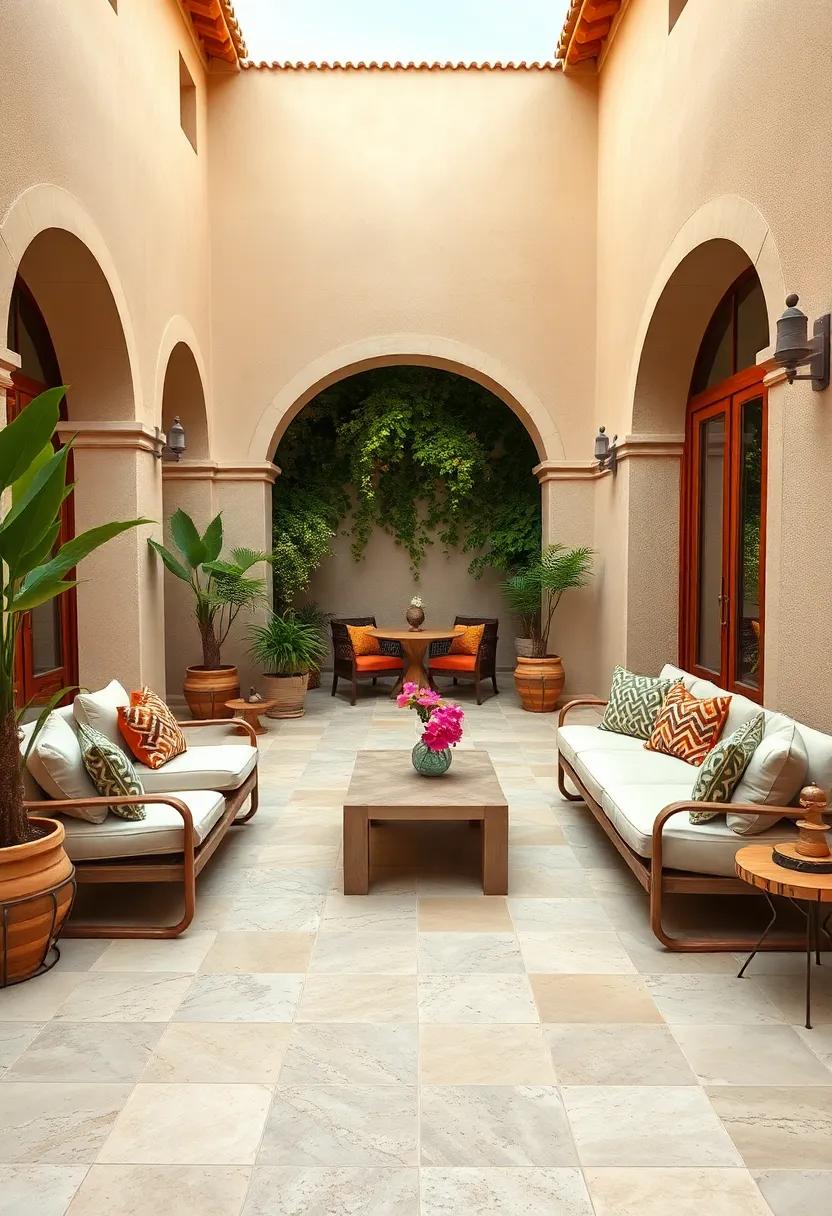 Warm Beige And Cream Stone Tiles Blended With Mediterranean Architecture For A Relaxing Ambiance