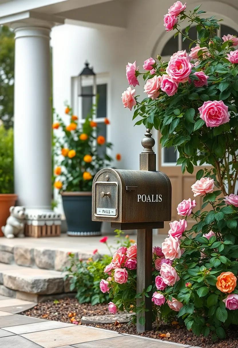 Vintage-Style Post Mailbox Nestled Among Blooming Roses and Lush Greenery in a Classic Front Yard Setting