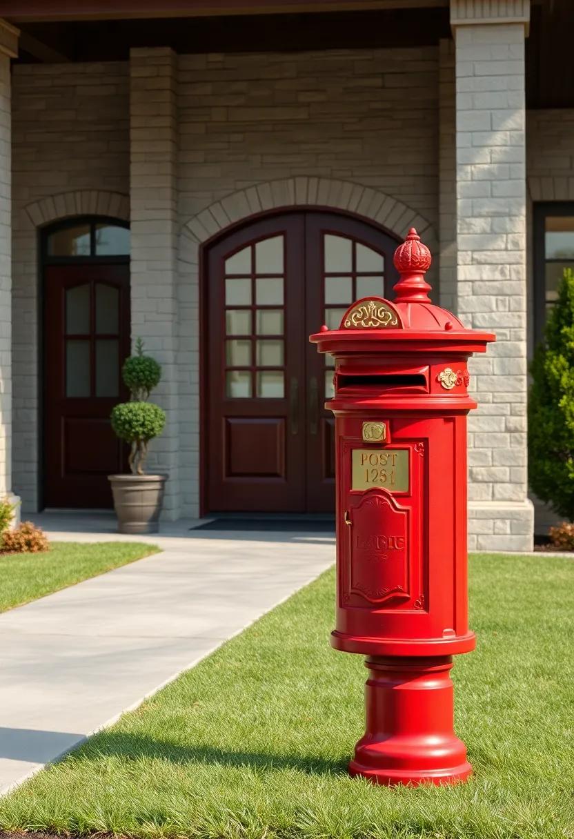 Classic Red Vintage Mailbox With Gold Detailing Sitting Proudly at the End of a Neatly Trimmed Lawn