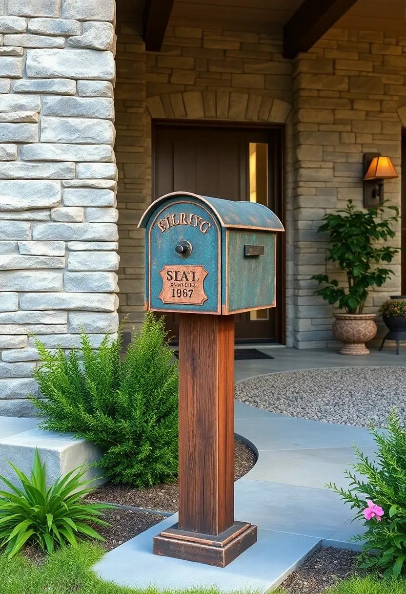 Historic Replica Mailbox Featuring Weathered Copper and Wooden Post Amidst a Stone Wall Backdrop