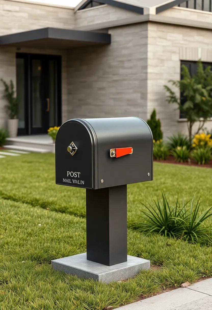 Mid Century Vintage Mailbox With Chrome Accents and Geometric Shape on a Modern Minimalist Lawn