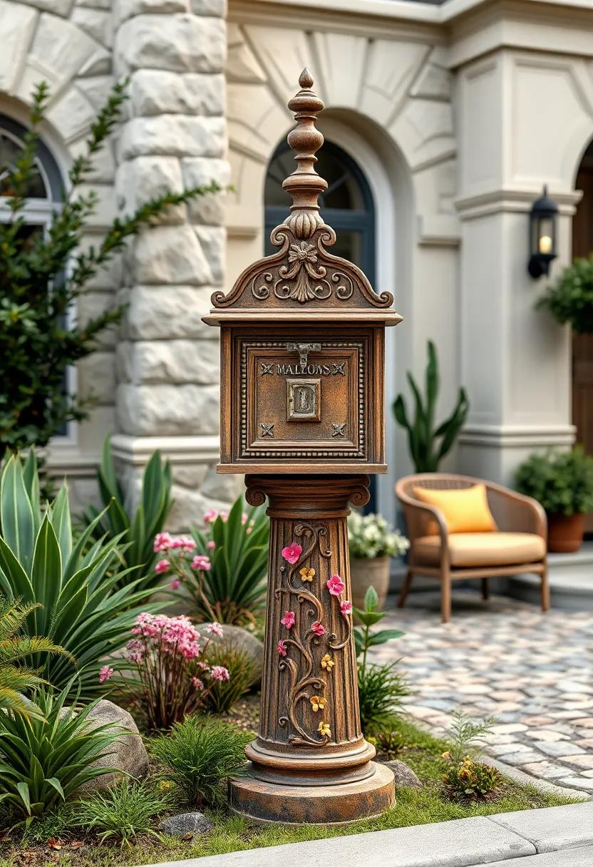 Victorian Era Inspired Mailbox with Floral Embellishments Standing Tall on a Cobblestone Pathway