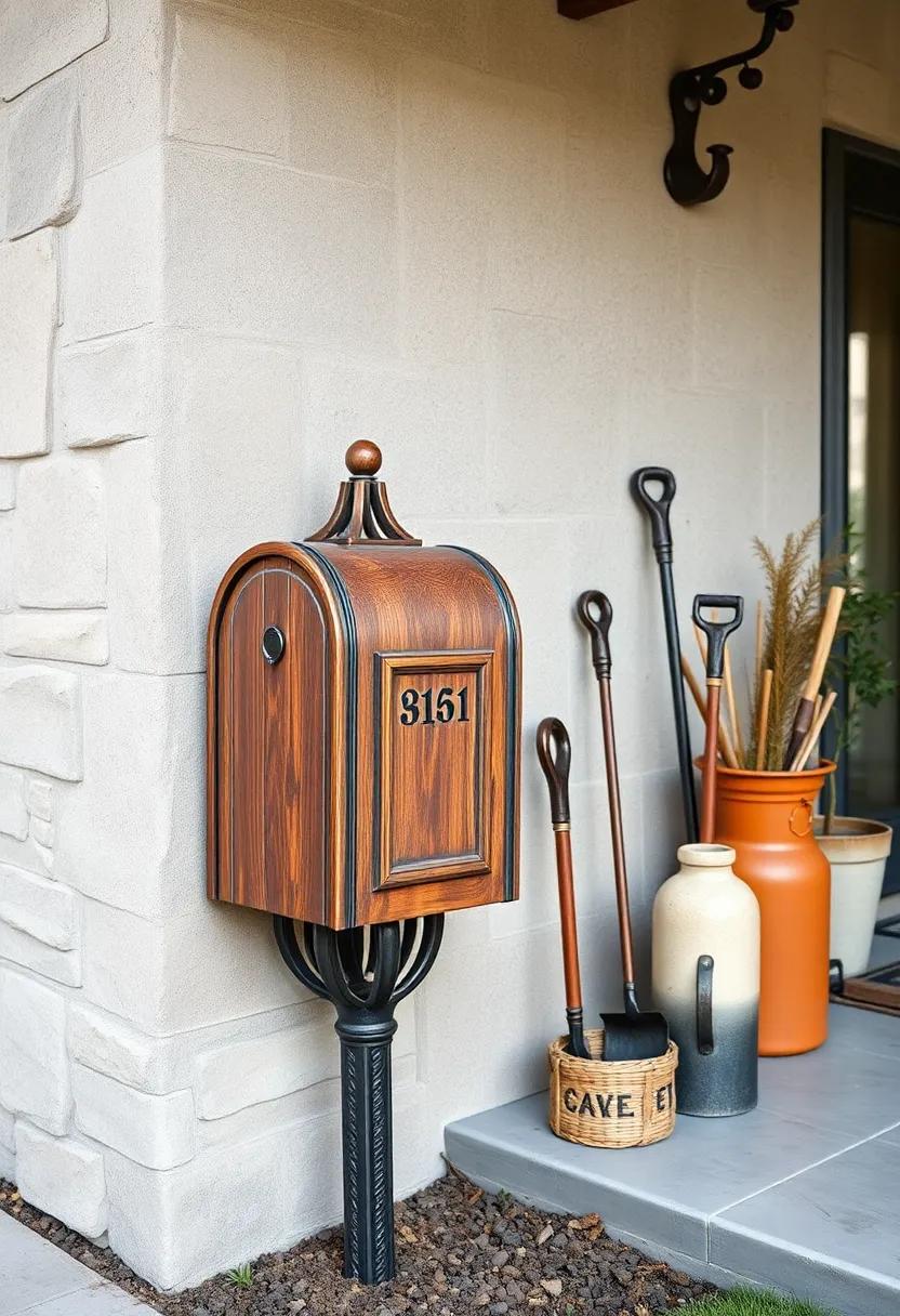 Old-Fashioned Mailbox with Weathered Wood and Cast Metal Mounted Next to Vintage Garden Tools