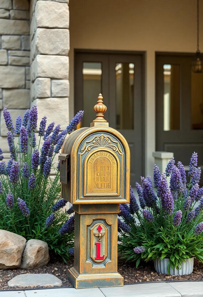 Weathered Brass Mailbox with Bell and Decorative Finials Surrounded by Blossoming Lavender Hedges
