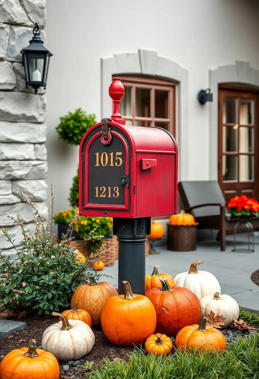 Timeless Vintage Mailbox Painted in Bold Primary Colors Nestled Among Fall Pumpkin Decorations