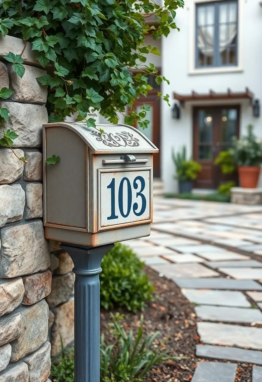 Antique Inspired Mailbox With Hand-Painted Numbers and Vine Overgrowth Along a Rustic Path