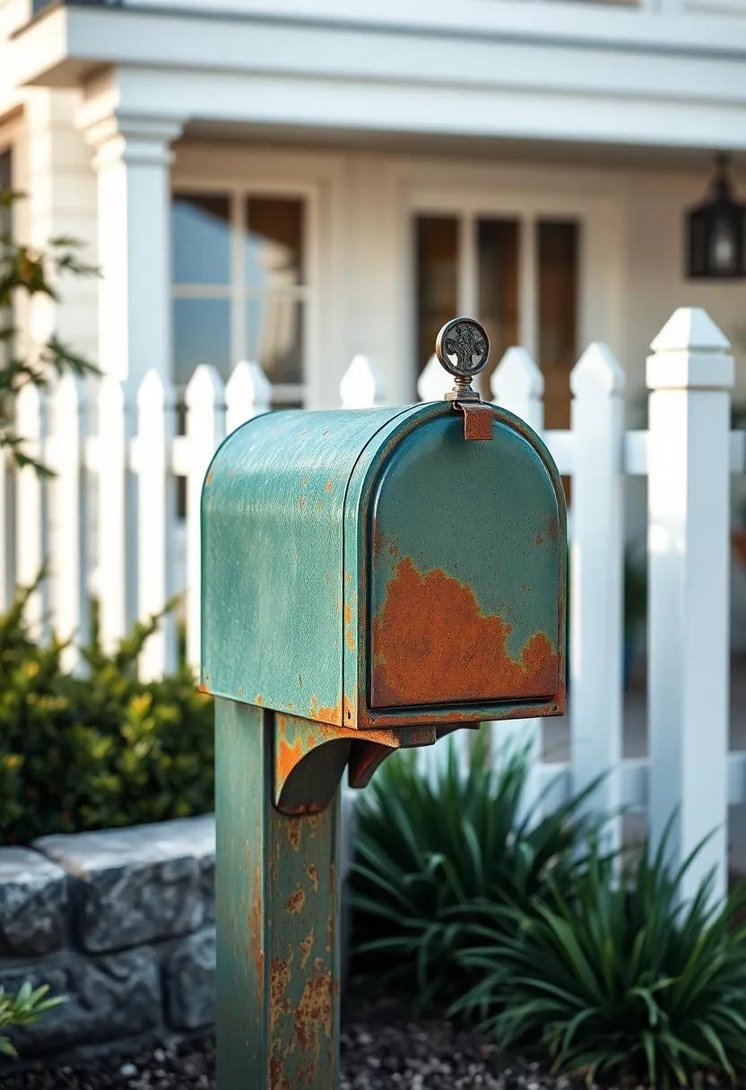 Beautifully Aged Green Mailbox with Rusty Accents Near a White Picket Fence and Fresh Morning Dew
