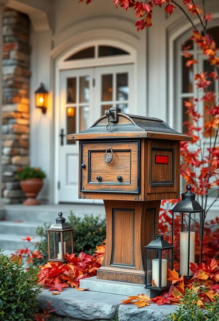 Charming Rustic Wooden Post Mailbox with Antique Finish Surrounded by Autumn Leaves and Lanterns