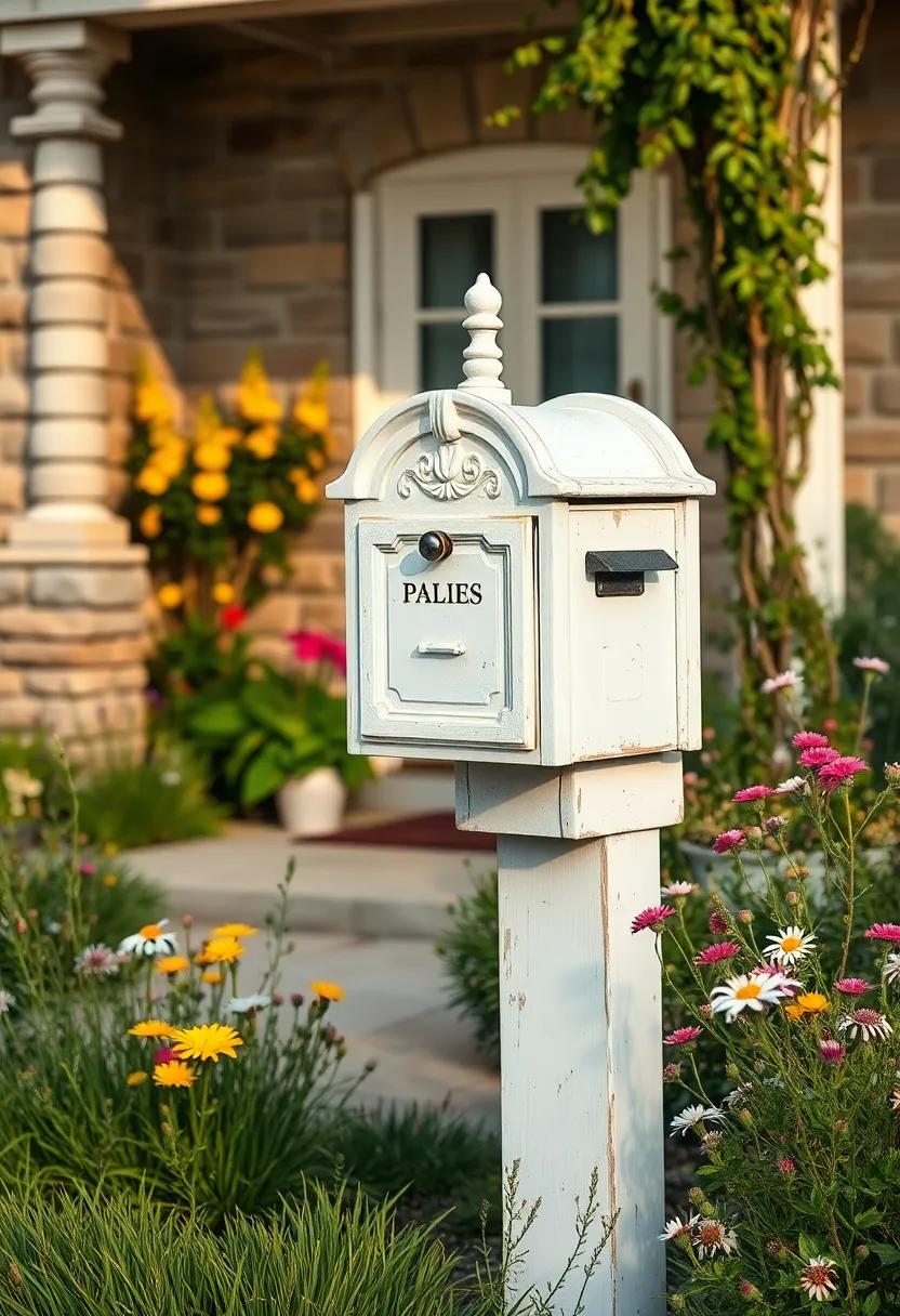 Shabby Chic Whitewashed Mailbox With Soft Pastel Accents in a Cottage Garden Full of Wildflowers