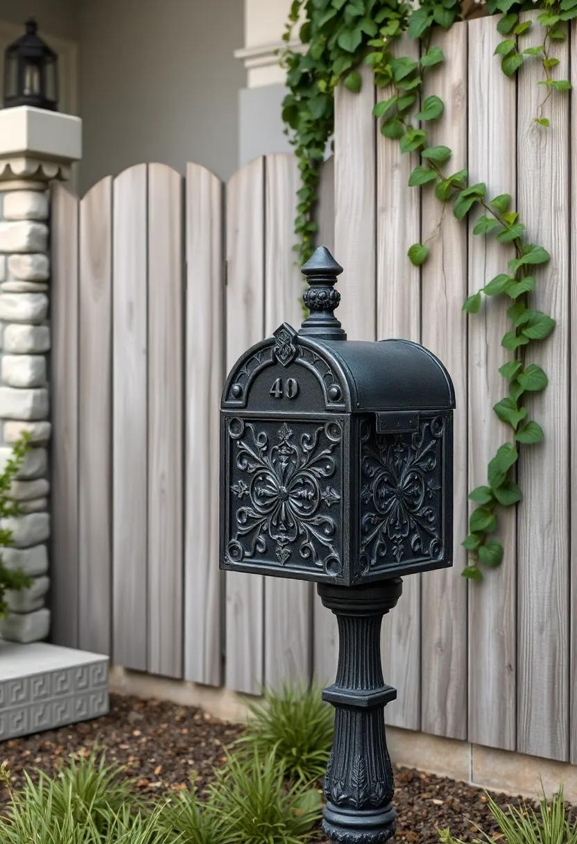 Elegant Cast Iron Vintage Mailbox With Intricate Patterns Against a Weathered Wooden Fence and Ivy