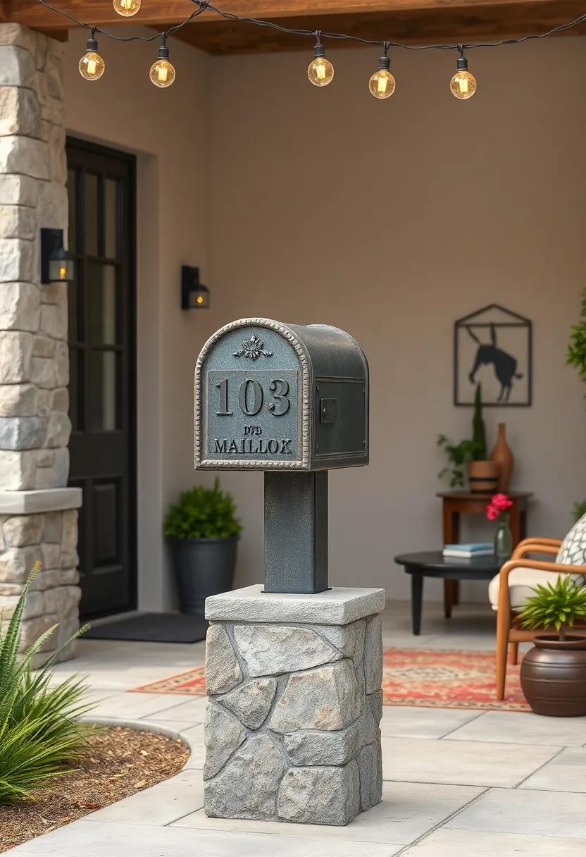 Retro Metal Mailbox with Aged Patina Mounted on a Stone Pillar Beneath Hanging String Lights