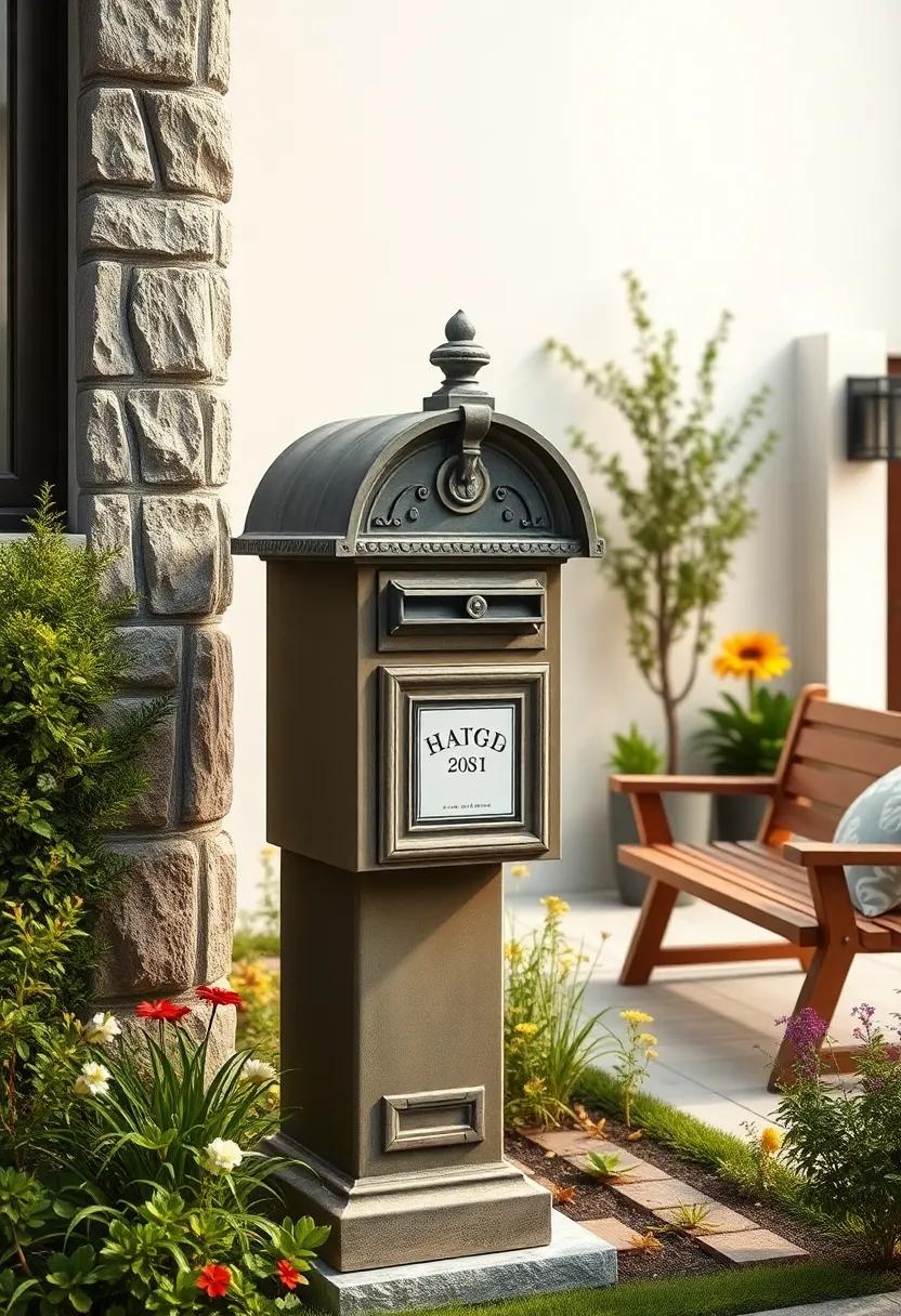 Old-World Style Mailbox Featuring Ornate Scrollwork Flanked by Topiary Shrubs on a Gravel Driveway