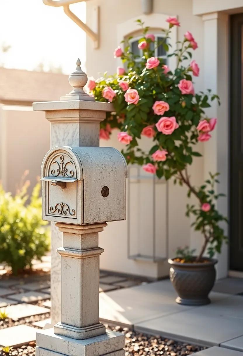 French Provincial Styled Post Box with Delicate Ironwork and Gentle Rose Climbers in a Sunlit Yard