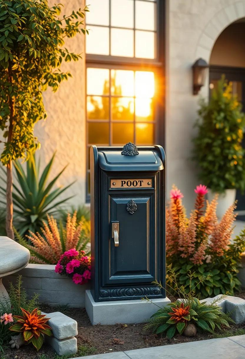 Heritage Style Letterbox Bathed in Soft Golden Hour Light Surrounded by Seasonal Garden Plants