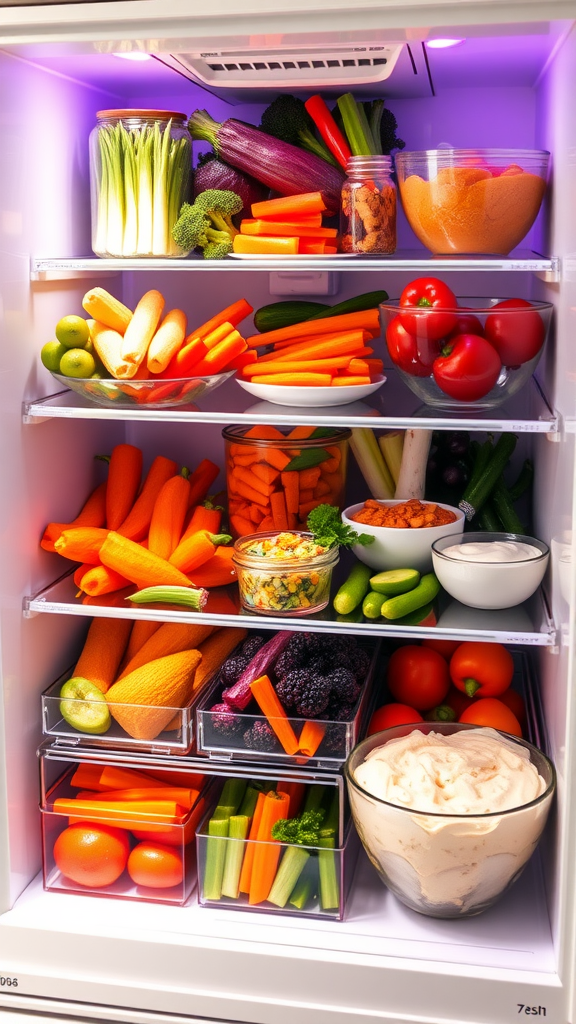 Colorful vegetable and dip arrangement in fridge