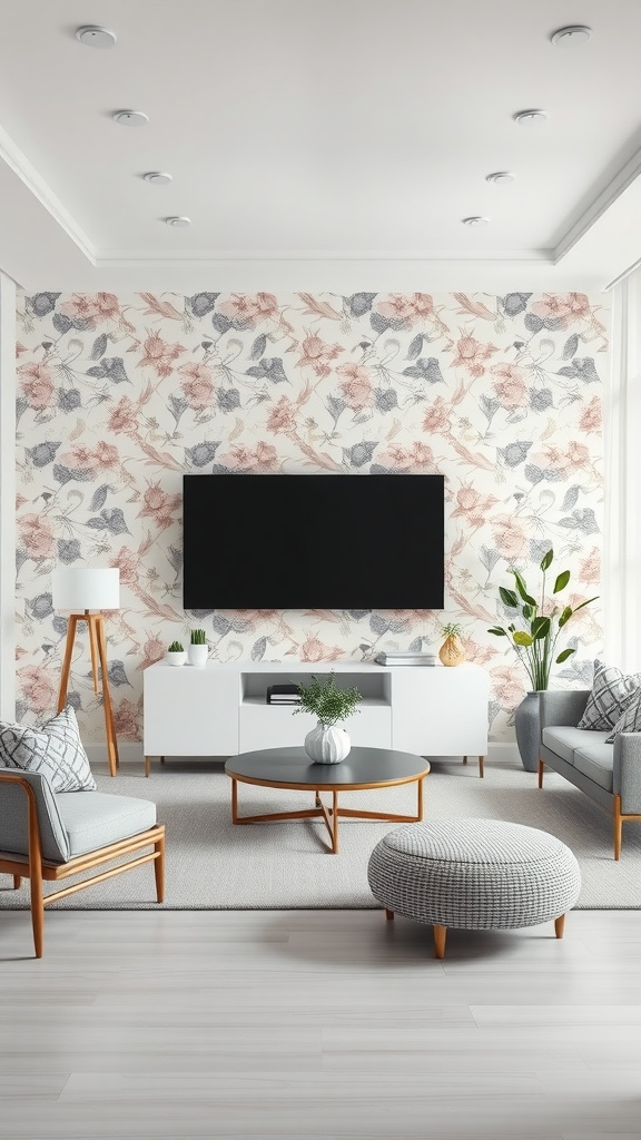 Living room with minimalist floral wallpaper featuring muted tones and simple furnishings.