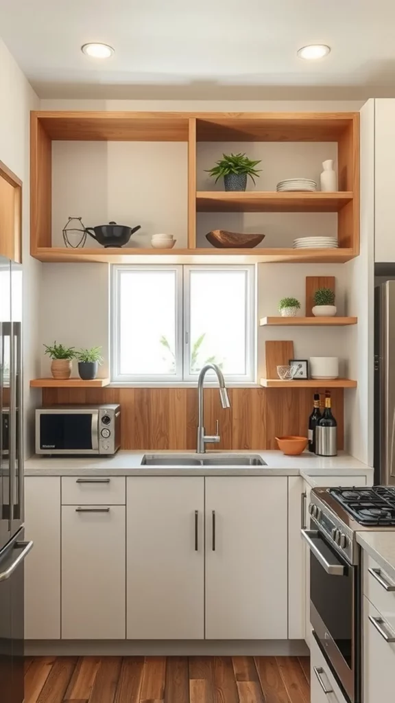 Mid-century modern kitchen with integrated open shelving