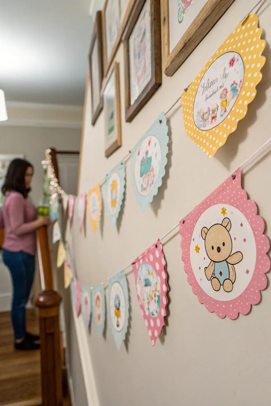 Handmade paper garland featuring baby-themed shapes for a cozy vibe.