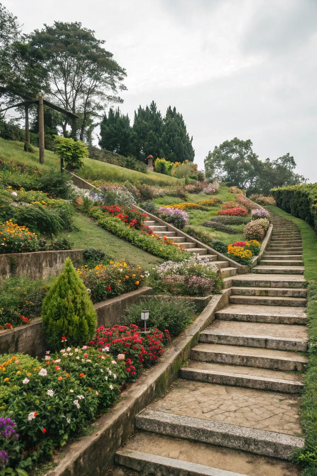 Layered flower beds adding depth and visual interest.