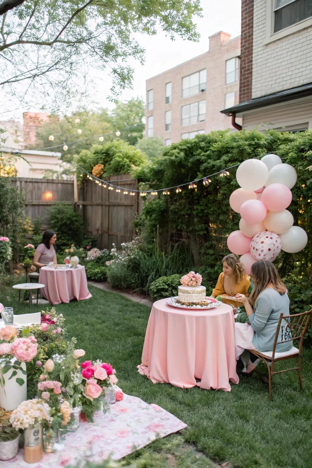 A serene garden setup perfect for a small baby shower.