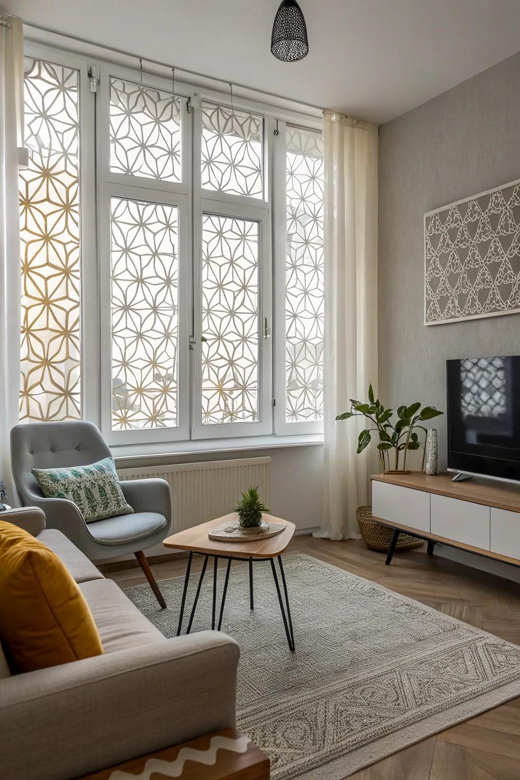 Artistic window films enhance privacy with style.