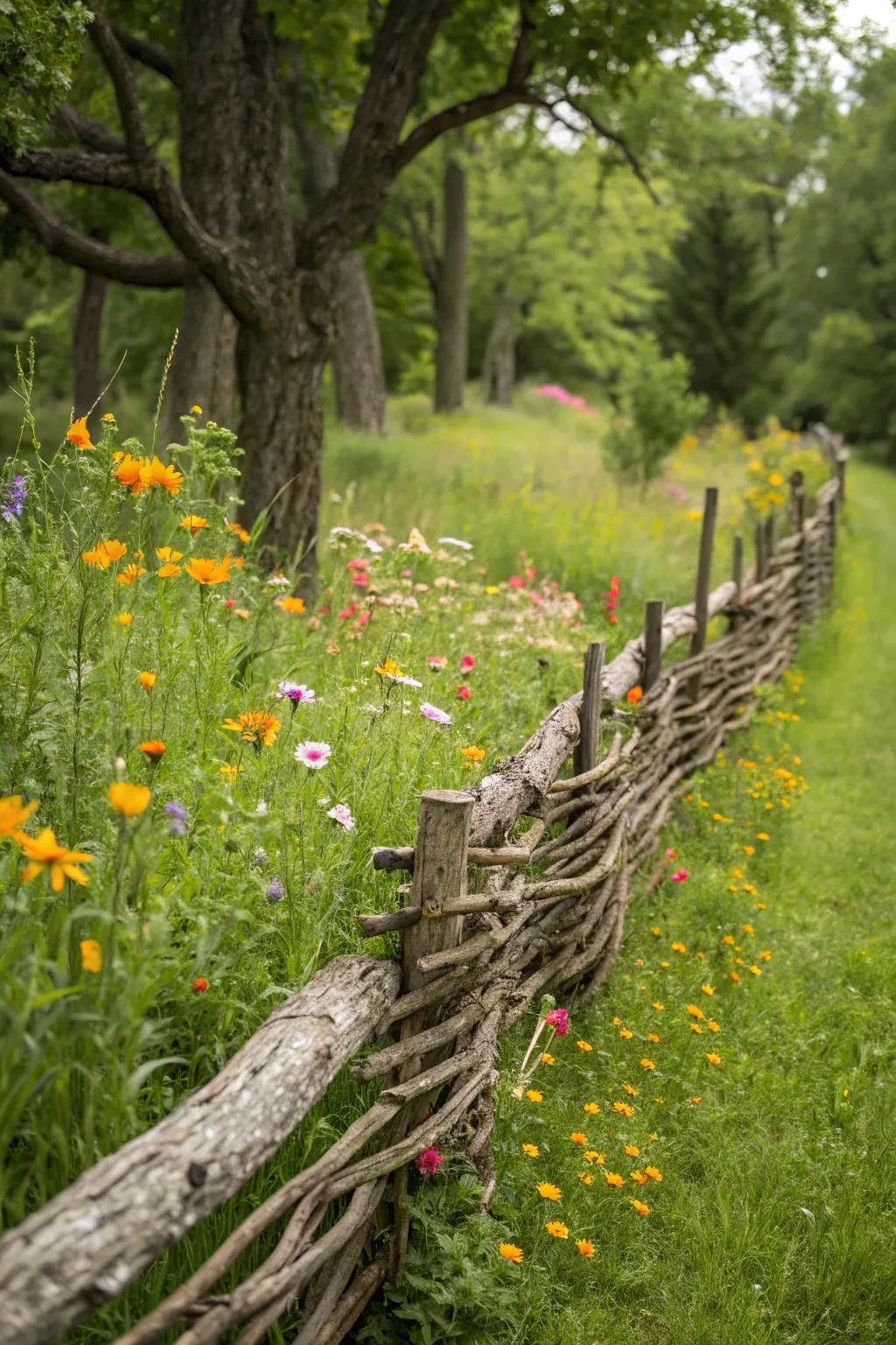 Rustic woven branch fence enhancing garden charm.