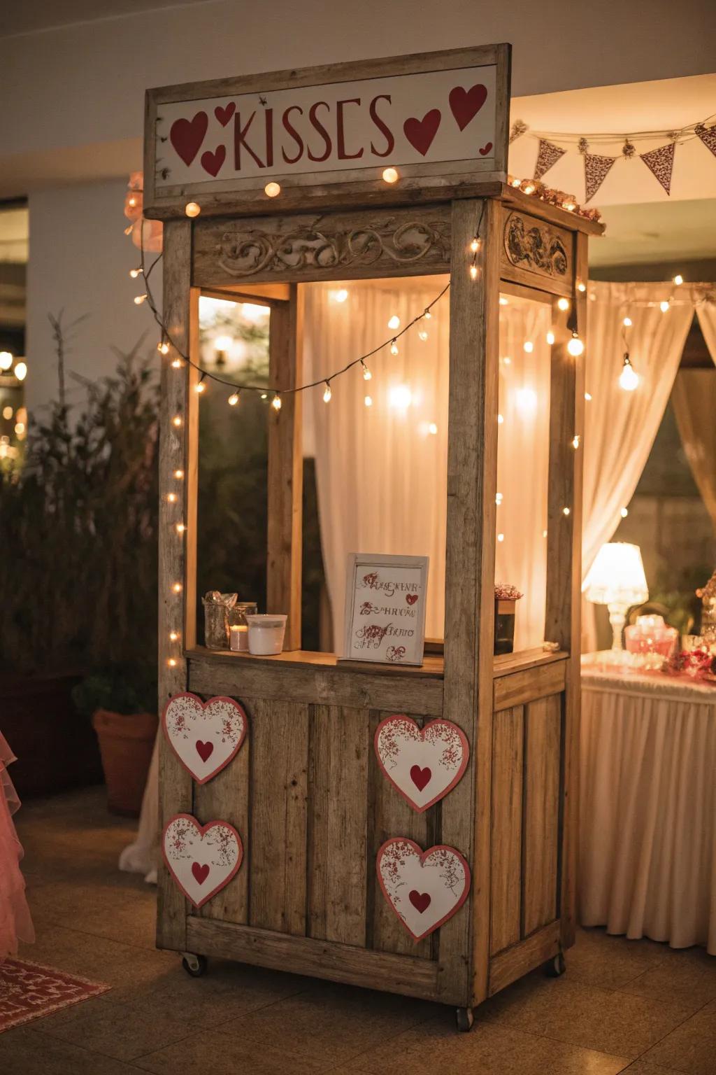 Vintage-inspired kissing booth with charming decor.