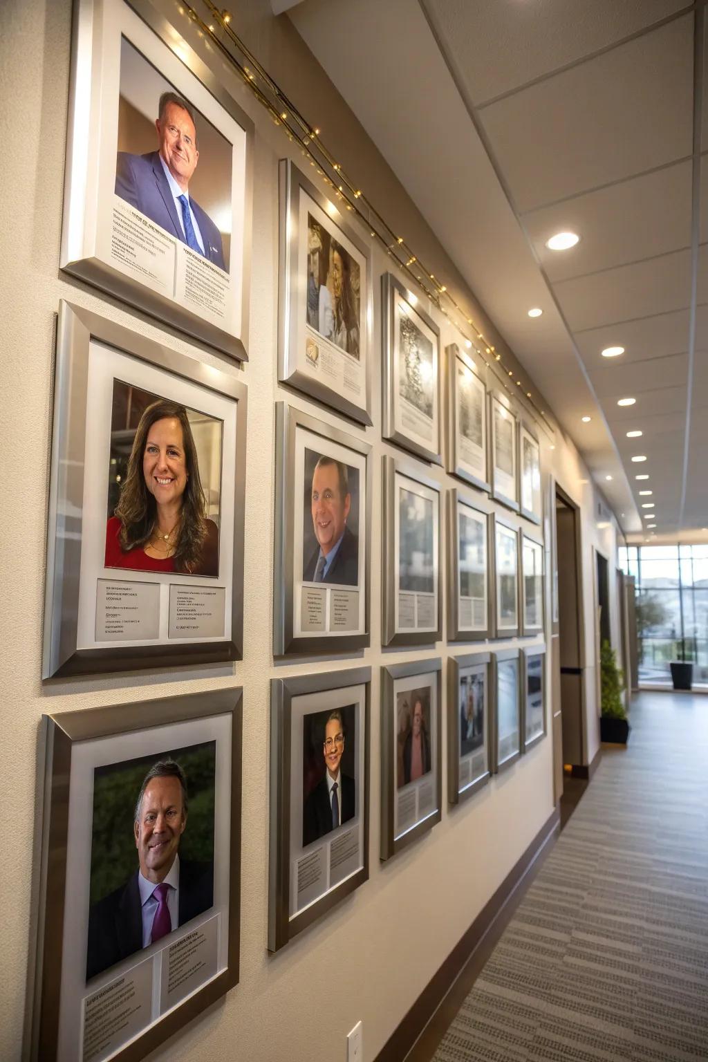 Employee photo wall emphasizing personal achievements with customized details.
