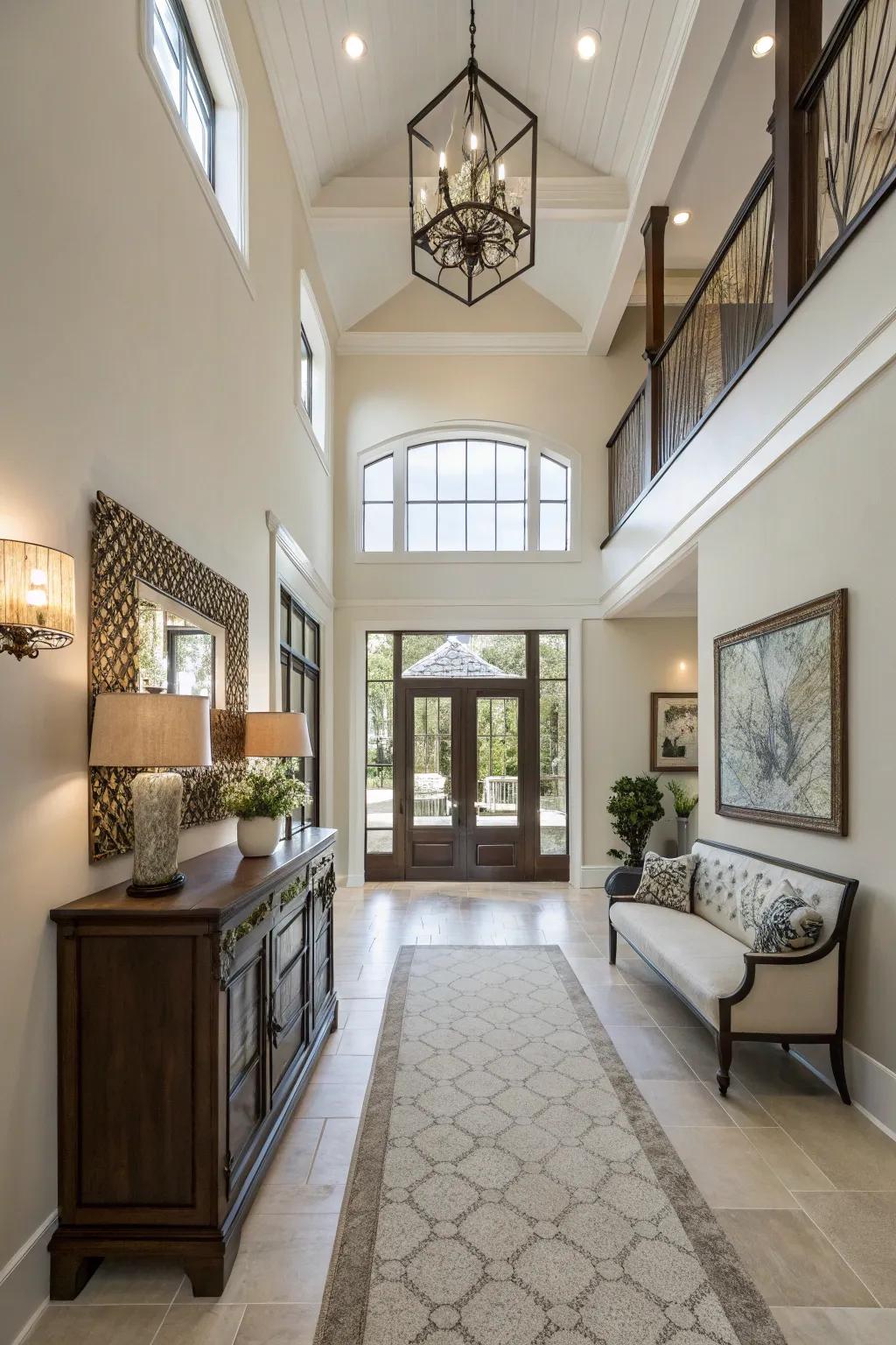 Practical furniture enhances entryway style without overcrowding.