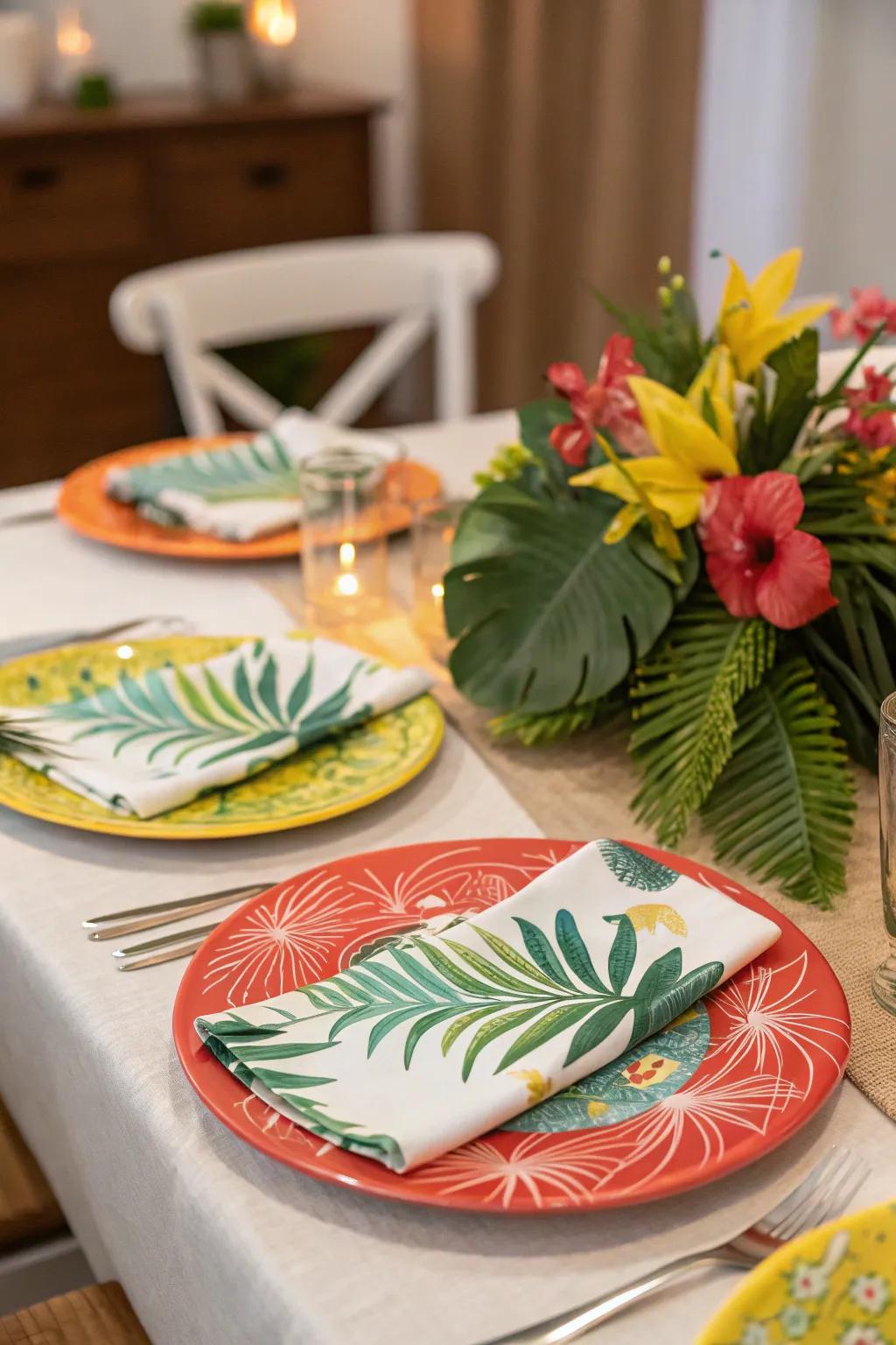 Coordinated tropical tableware enhances the theme.