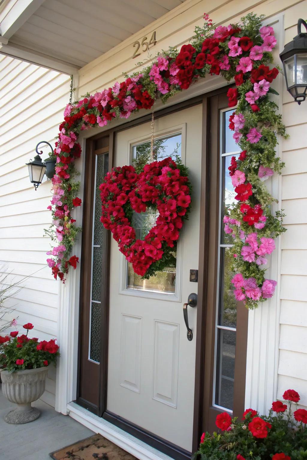 Heart-shaped floral wreath adding charm to a Valentine's Day door.
