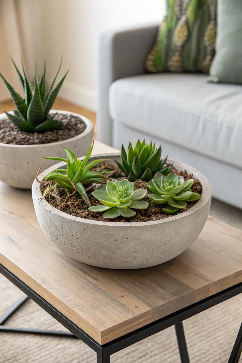 Sleek concrete bowls for modern succulent displays.