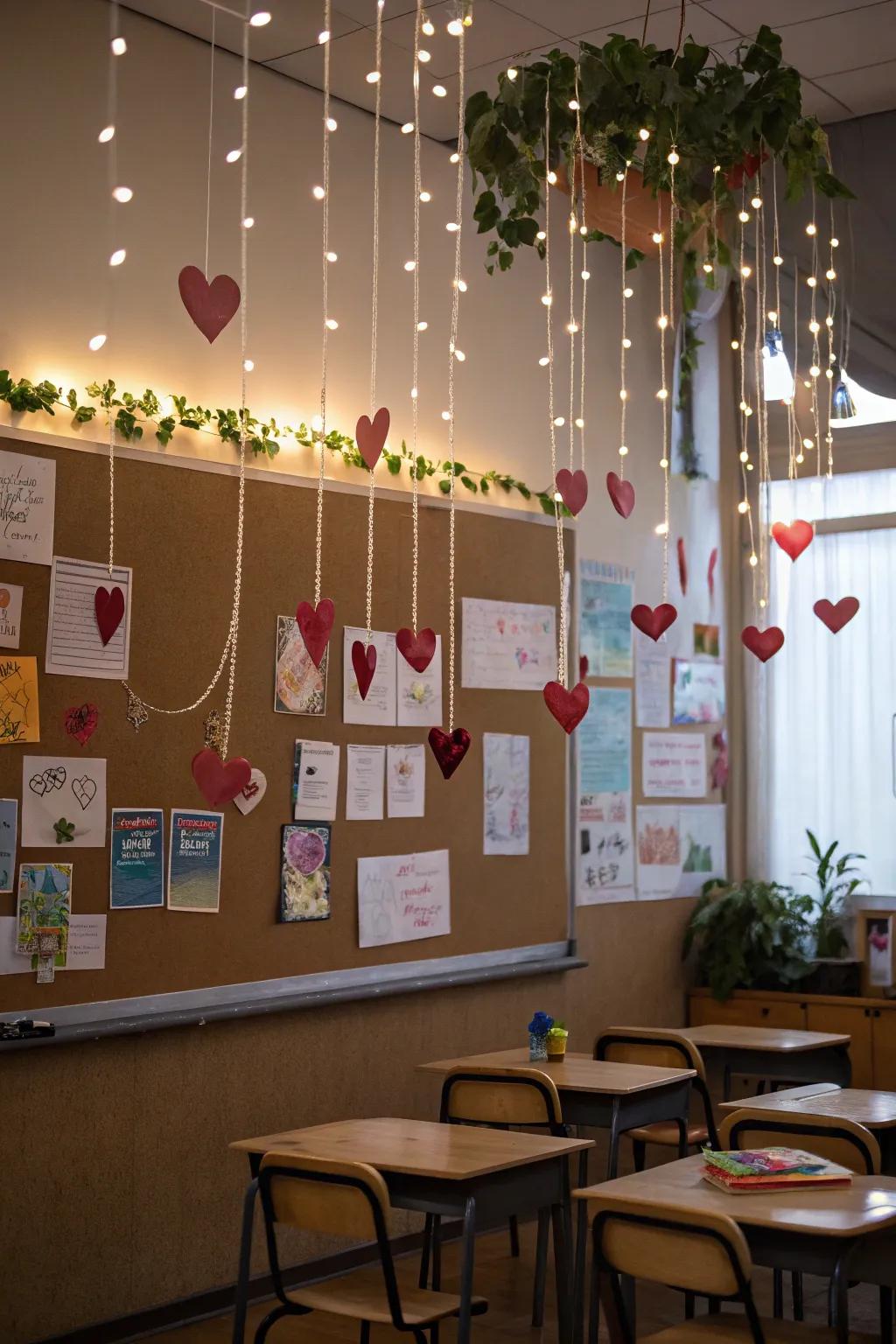 Ethereal floating hearts suspended from the ceiling.