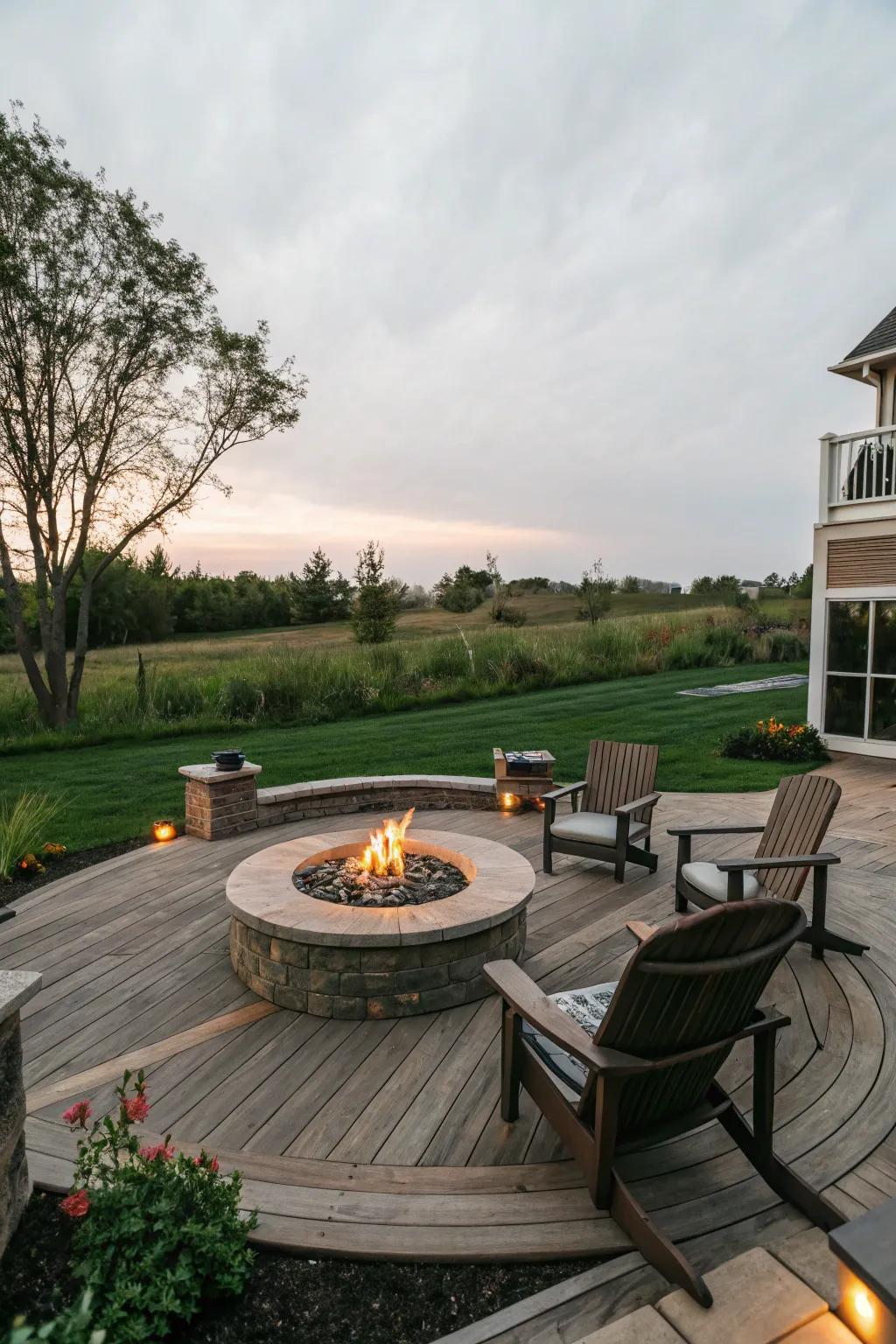 Circular seating arrangement creating a warm and inviting fire pit area.