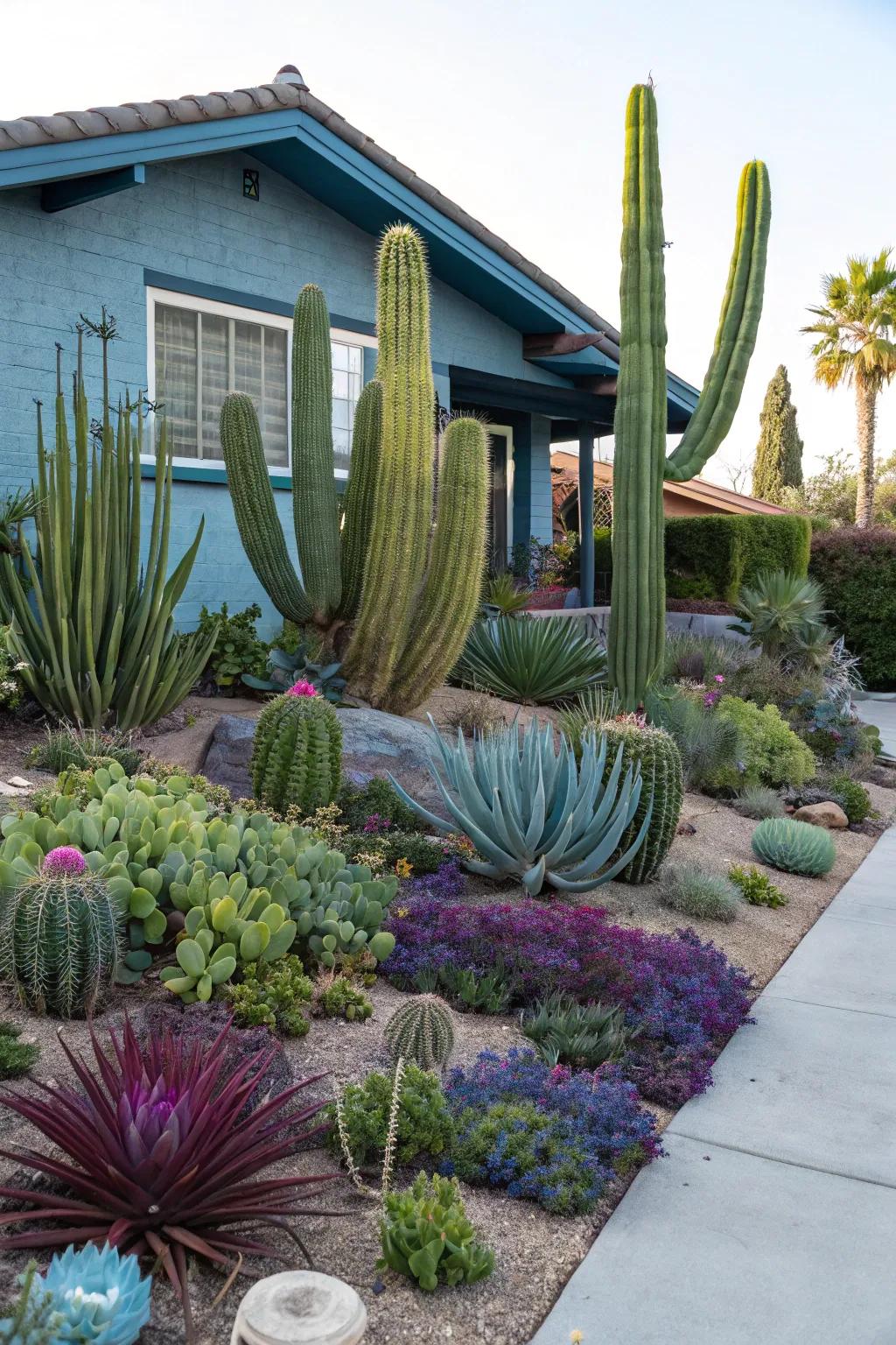 Succulents and cacti add unique textures and flourish in dry climates.