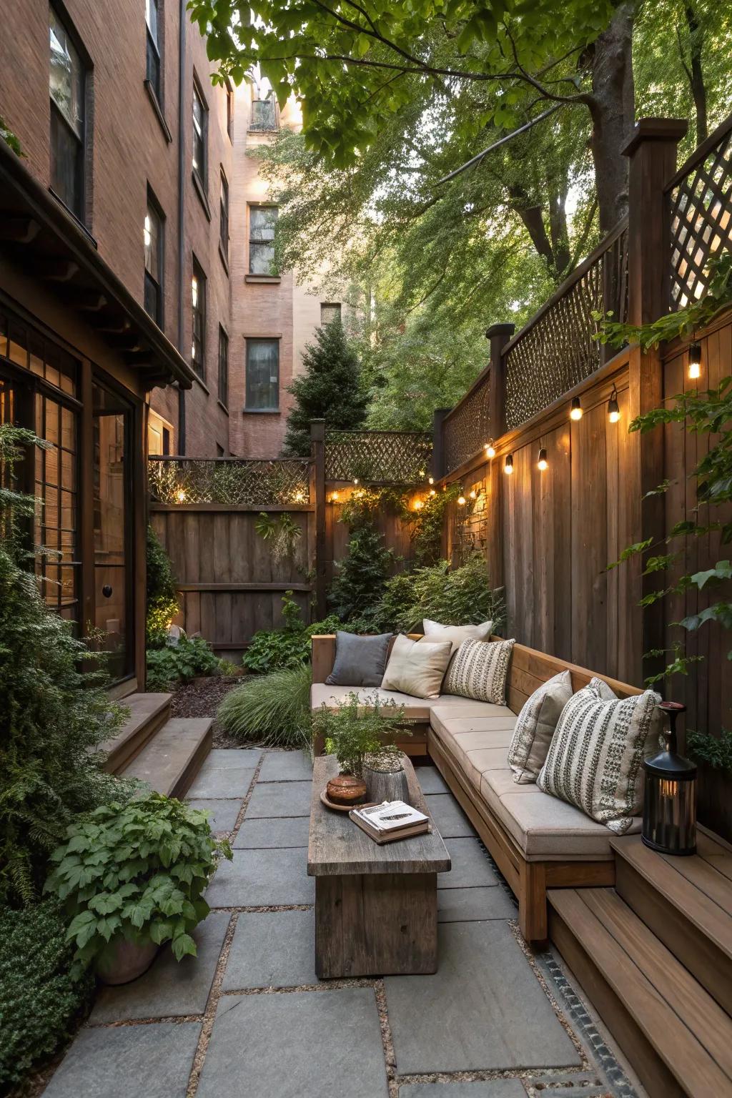 An inviting seating corner perfect for unwinding in a brownstone backyard.