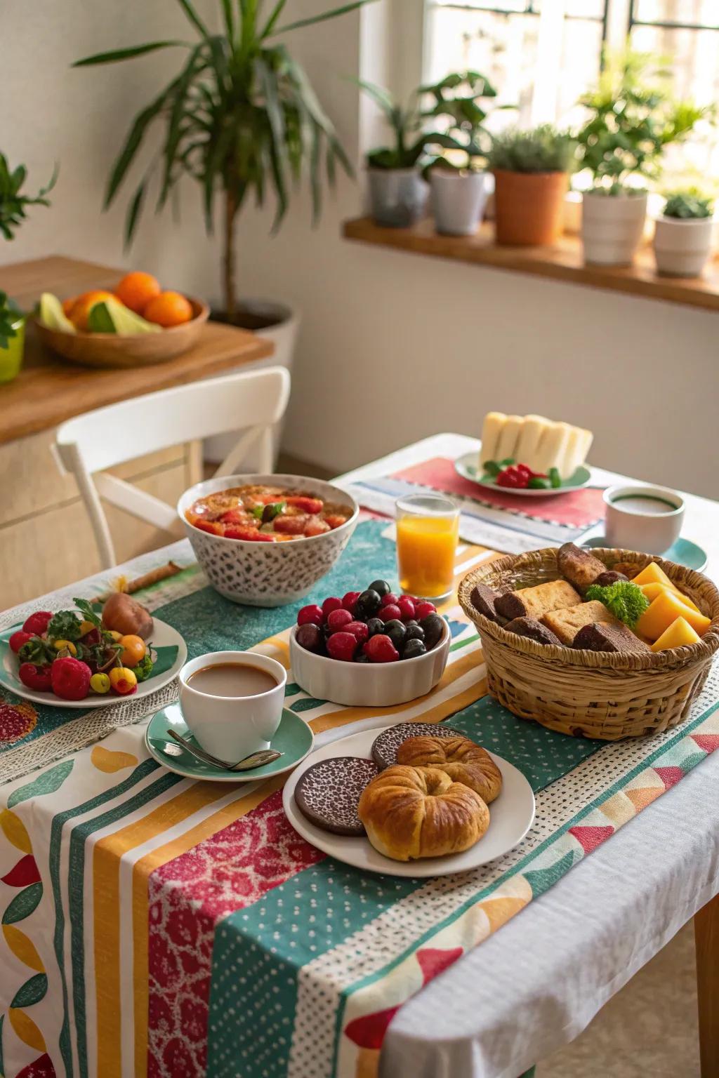 Colorful tablecloths brighten up your brunch setting.