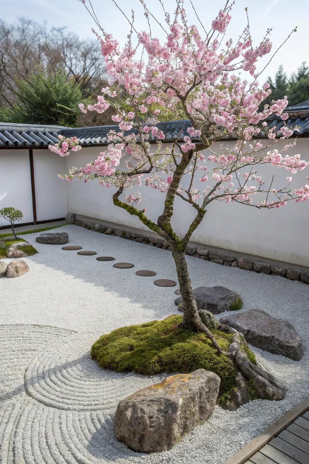 A zen garden showcasing a blooming cherry blossom tree, enhancing seasonal charm.