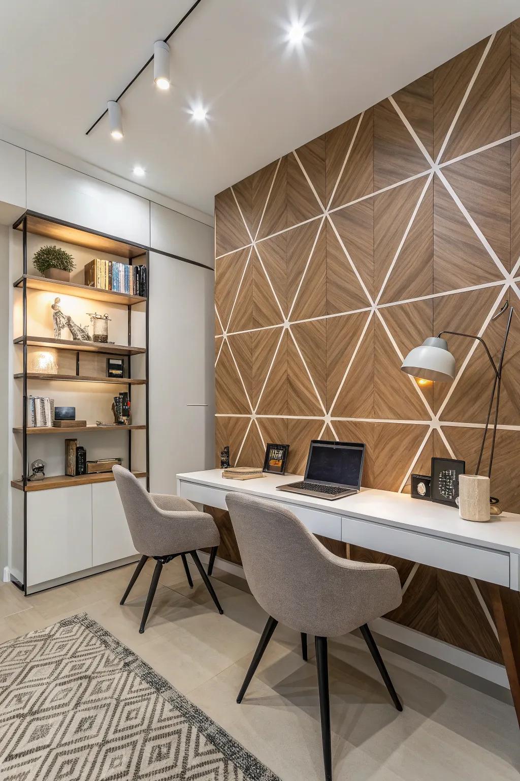 Contemporary office space showcasing a sharp geometric wood pattern for a sleek vibe.