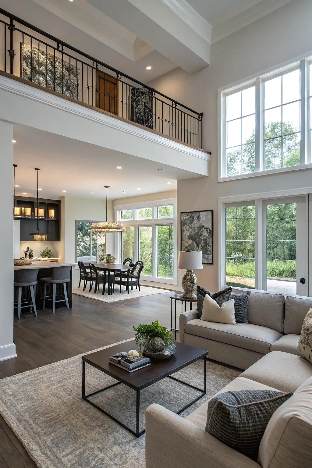 Contemporary open-plan living space featuring a half wall that subtly separates areas.