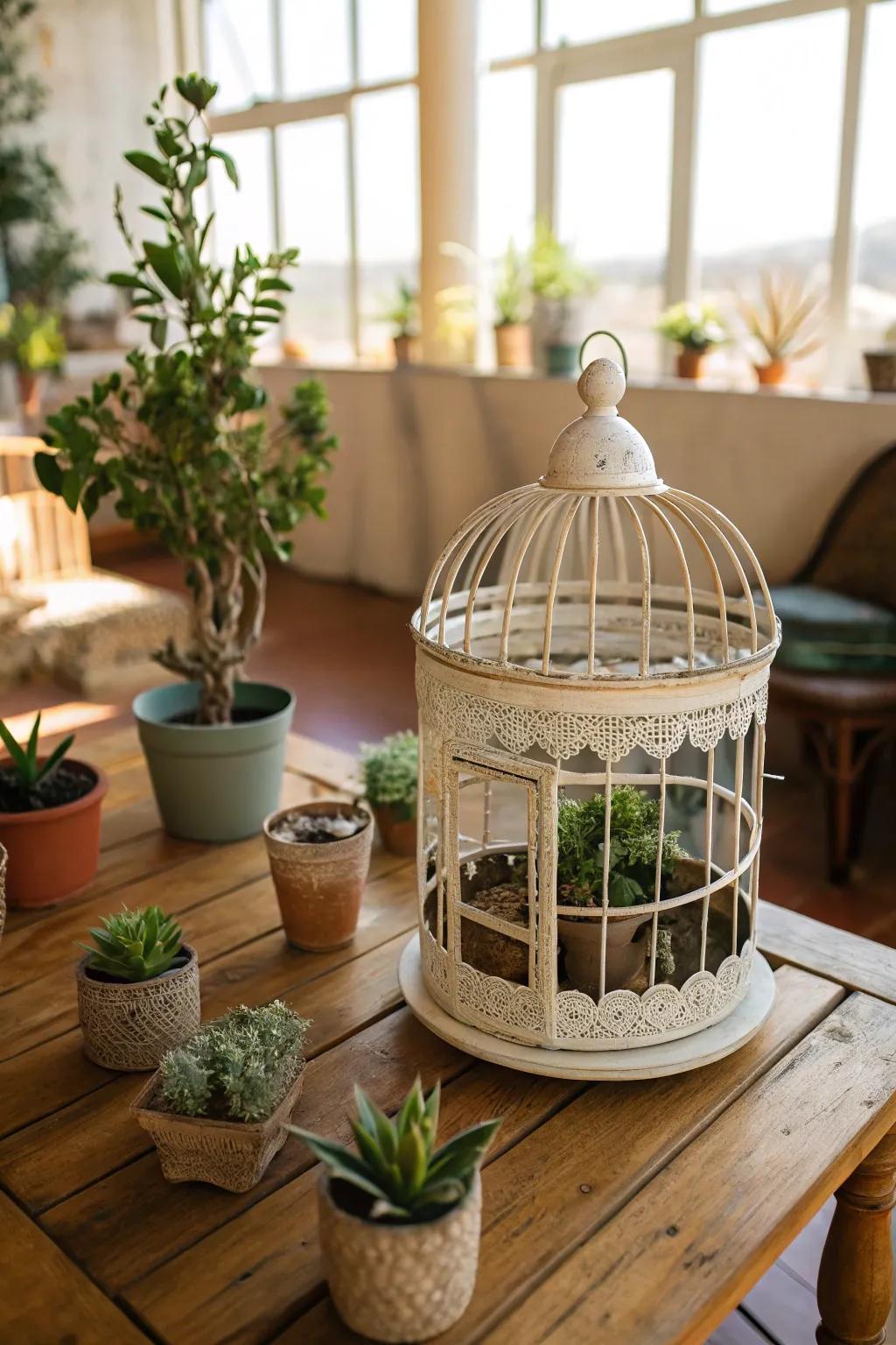 Bird cage converted into a charming mini garden centerpiece.