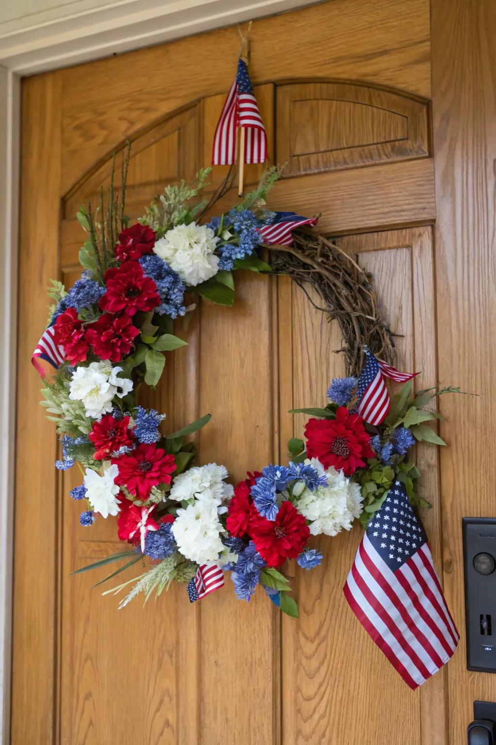 Traditional patriotic wreath with flowers and flags.