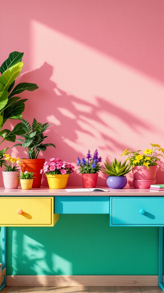 Brightly colored planters with various plants on a desk against a pink wall