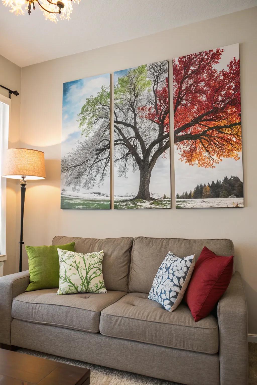 Multi-canvas art illustrating a tree's transformation through the seasons, bringing natural beauty indoors.