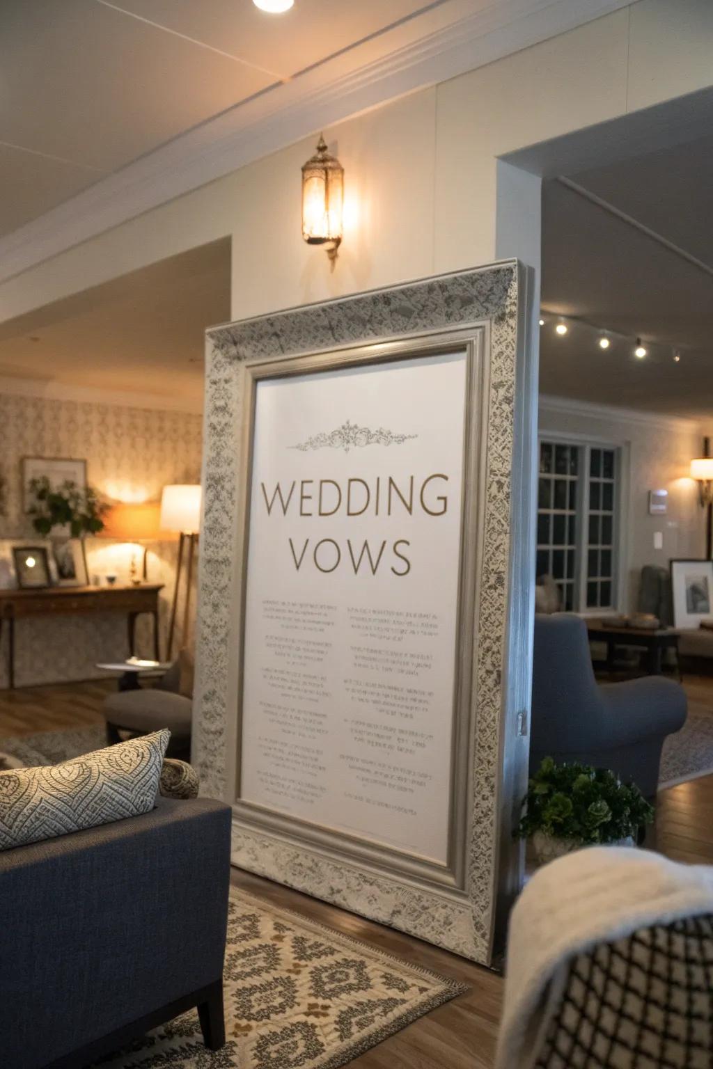 Wedding vows elegantly framed as a centerpiece in a modern living room.